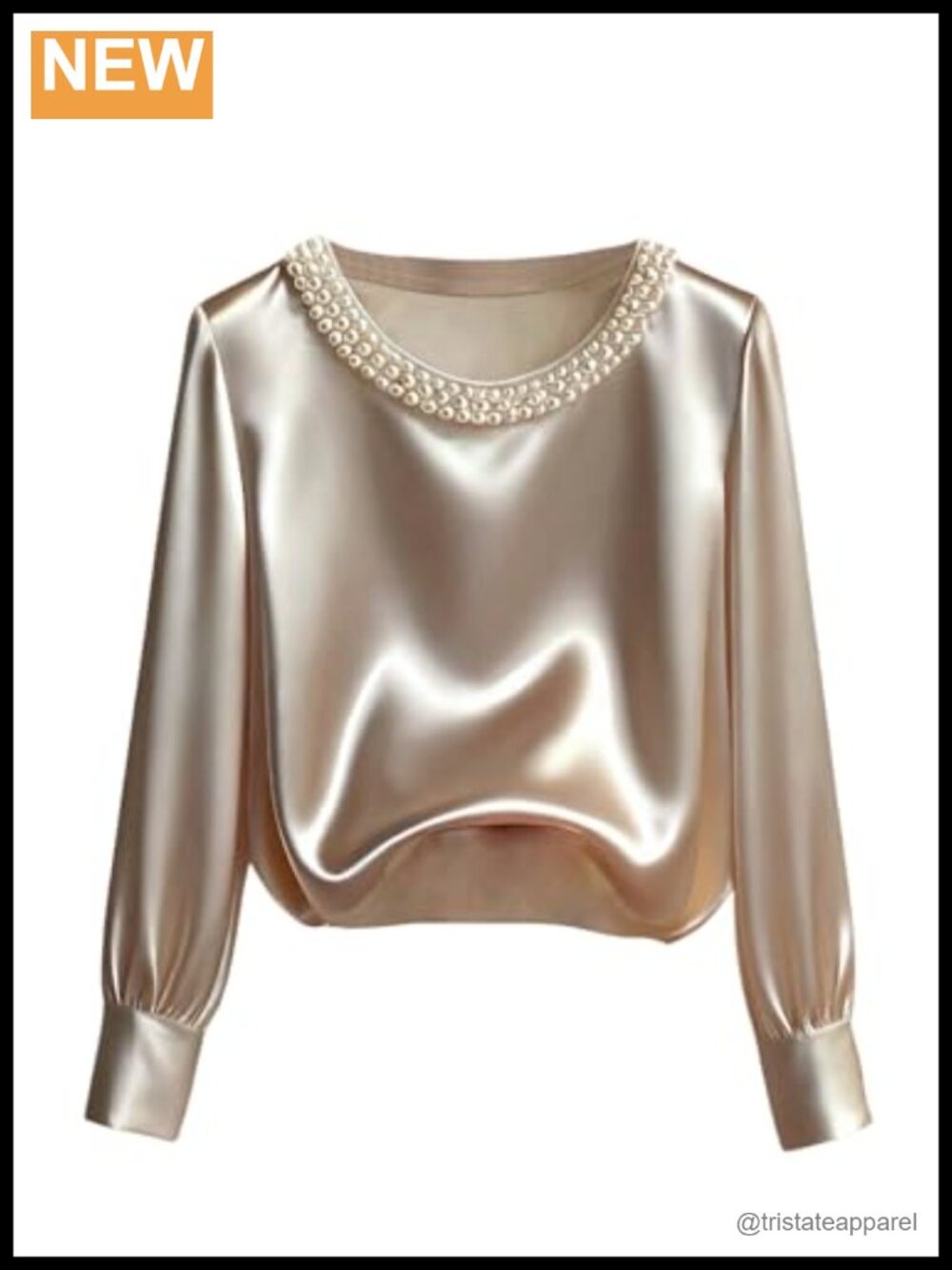 Women's Satin Pearl Embellished Long Sleeve Crewneck Blouse Dressy Top
